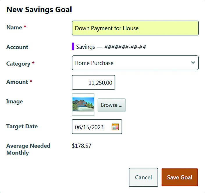 Use the Savings Goal widget to set your goals and designate a date when you would like to reach your goals.